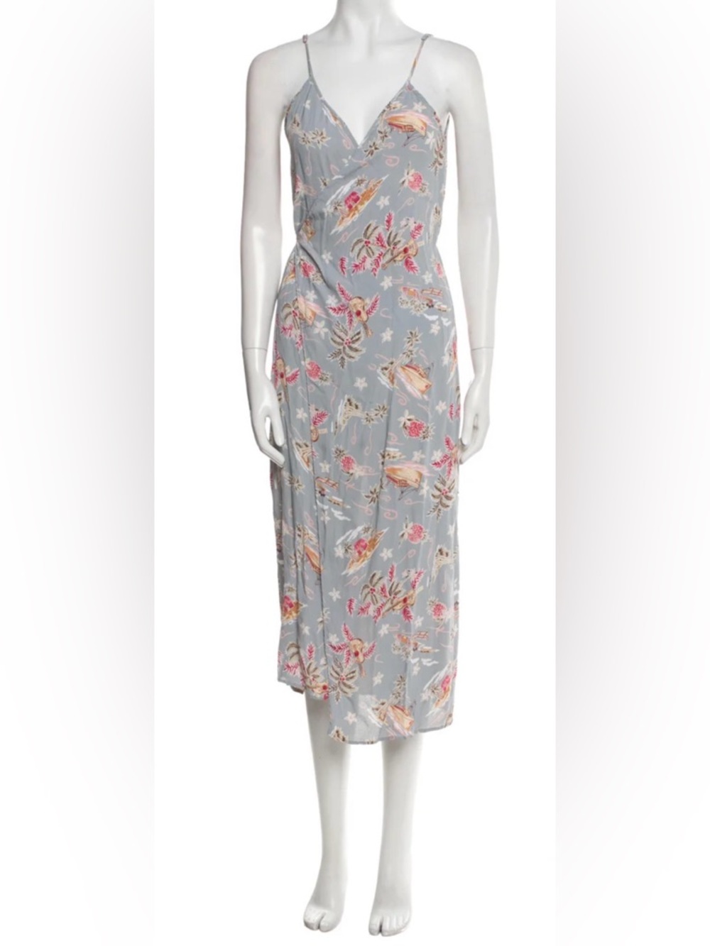Reformation Blue Tropical Print Wrap Midi Dress Silk Feel Slip Dress Boho Resort - Picture 2 of 11